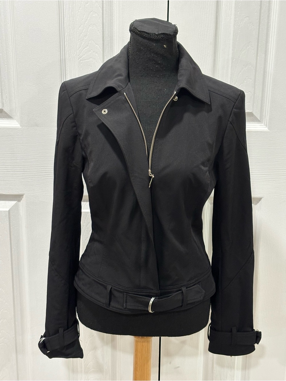 CACHE VINTAGE WOMENS BLACK NYLON ASYMMETRICAL MOTO JACKET SIZE 6